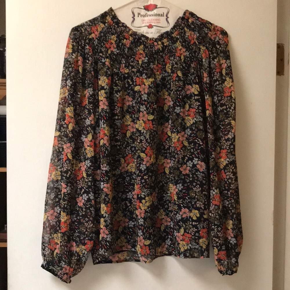 Fall floral peasant blouse. Loft. Sheer sleeves with a ruched feminine neckline